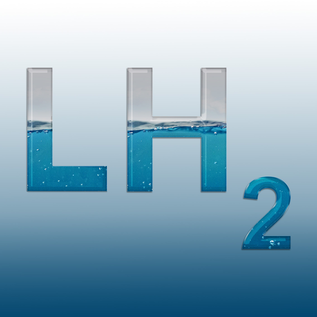 LH2 Schriftzug mit Wasser gefüllt als Symbolbild für Flüssigwasserstoff