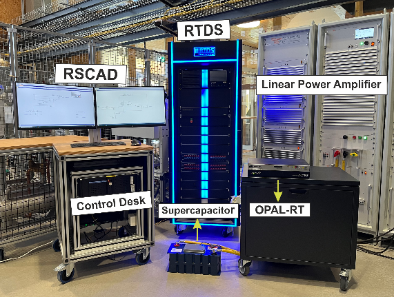 Eaton 66F-Superkondensator, angeschlossen an einen Spitzenberger&Spies DM 15000 PAS-Verstärker, gesteuert von einem Novacor RTDS Echtzeit-Simulator